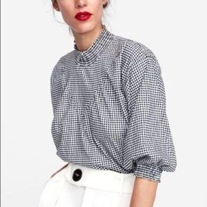 Zara Gingham Smocked Mock Neck 3/4 Sleeve Blouse